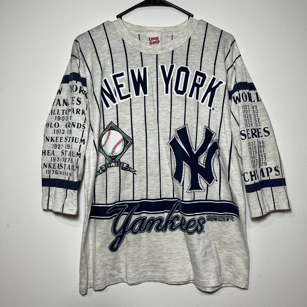 Vintage 90s MLB New York Yankees AOP Baseball 3/4 Sleeve Pinstripes Shirt Large